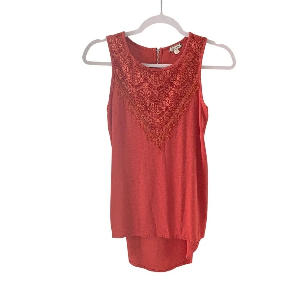 eyeshadows Lace Accent Tank Top Sleeveless Casual Blouse Coral Orange SM‎